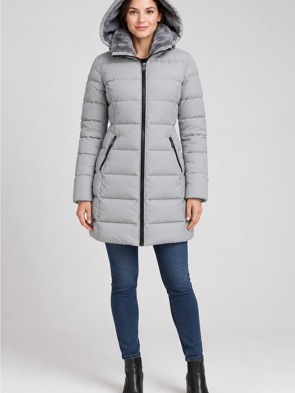 Andrew Marc Stretch Hooded Puffer Coat in Gray Size Medium Like New